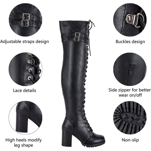 Women's Black Over The Knee Zip Buckle Soft Thigh High Lace Up Tall Boots - Picture 2 of 8